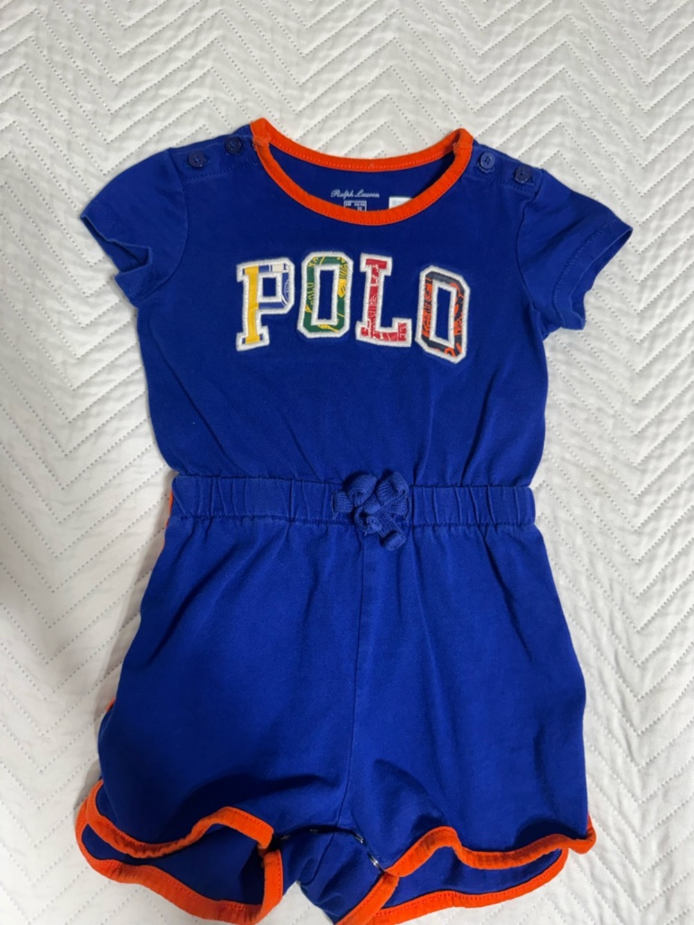 Ralph Lauren Blue Short-Sleeve Polo Baby Romper with Orange Trim